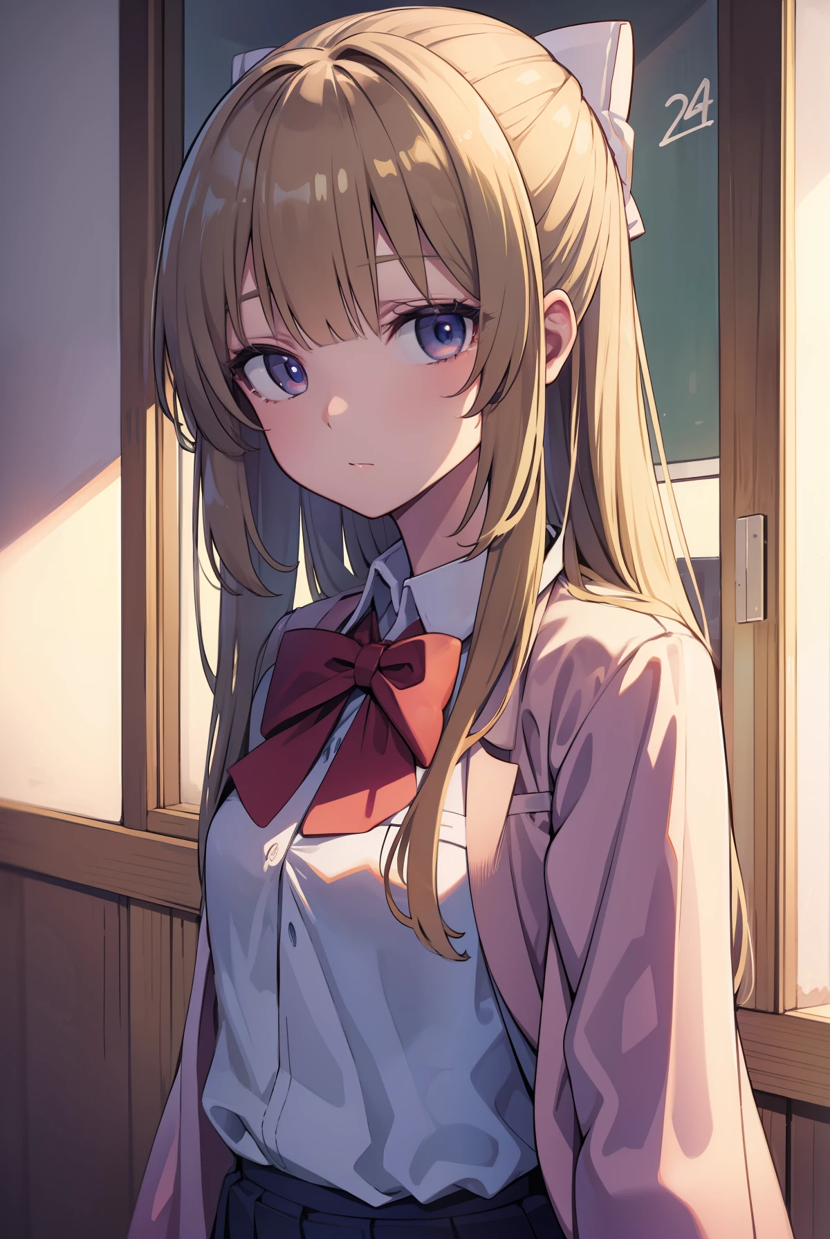 Long Beige-colored hair, bangs, blunt bangs, (crimson eyes:1.1), , shirt, white headband,
shirt, bow, school uniform, jacket, (red jacket:1.2), pleated skirt, bowtie, sweater, (blue bow:1.2), (blue shirt:1.2),
BREAK indoors, classroom,
BREAK looking at viewer, BREAK (masterpiece:1.2), best quality, high resolution, unity 8k wallpaper, (illustration:0.8), (beautiful detailed eyes:1.6), extremely detailed face, perfect lighting, extremely detailed CG,