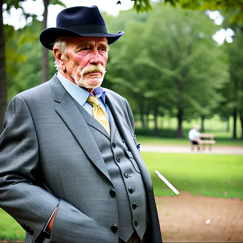 an old man at the park wearing a suit with a cigarette in his hand, realistic, photorealistic, holding_cigarette, smoking, smoke...