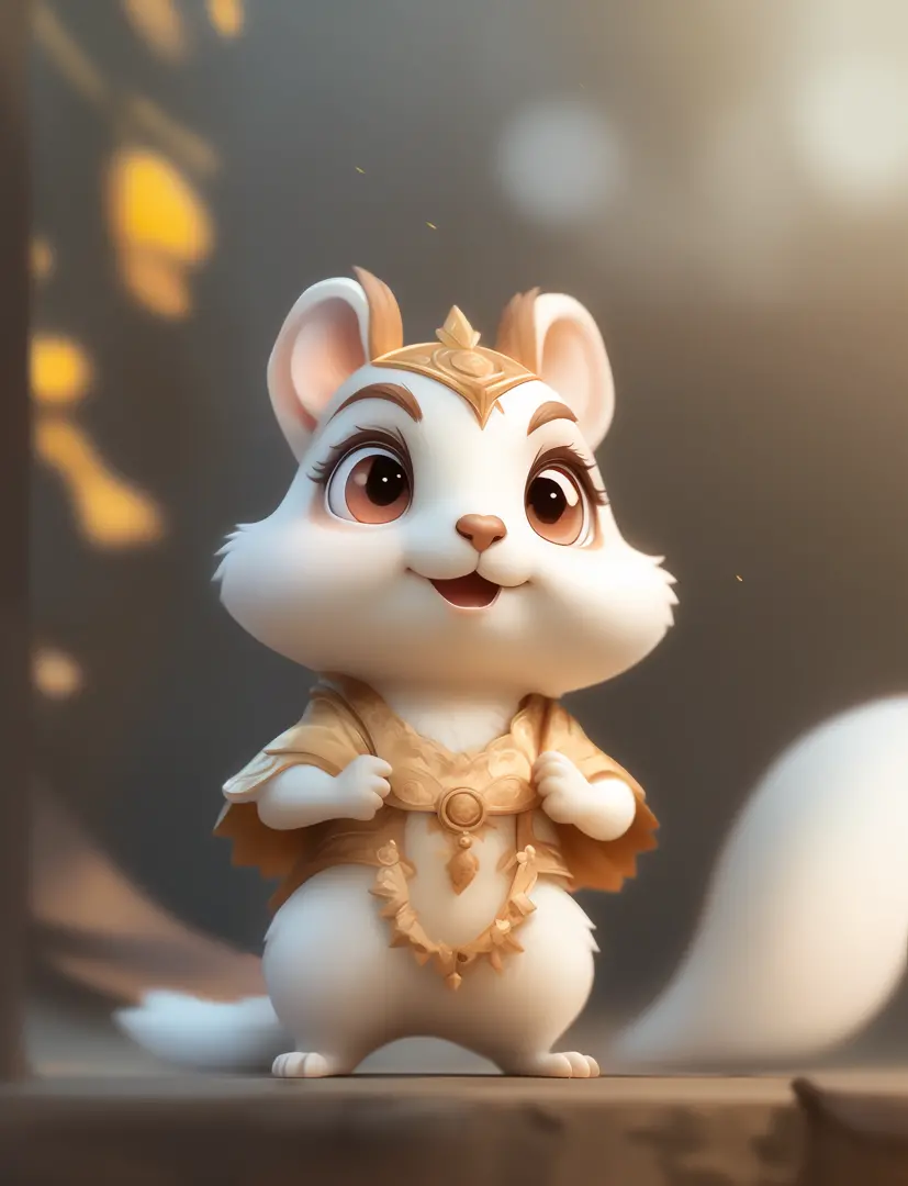 A super cute Squirrel with big eyes, wearing white and golden ethnic style clothing, cute expression, charming smile, Super high...