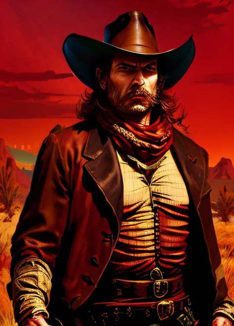 r3dd34dstyle, pintura digital, cowboy hat, mid hair, no deserto, roupa escura (red skies:1.3) cicatriz no rosto