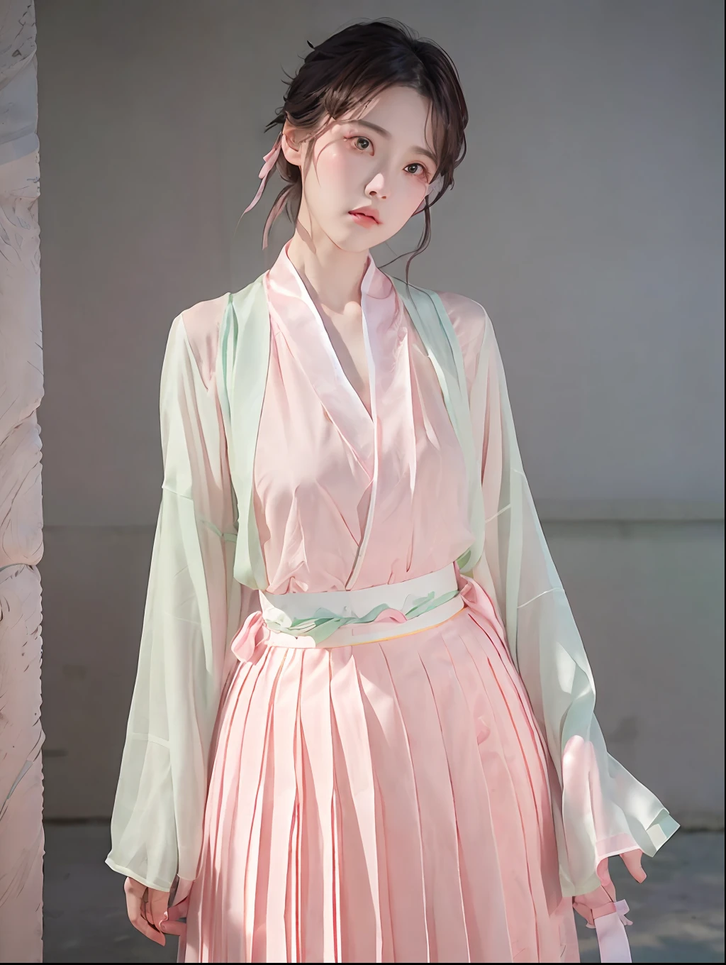 1個女孩,(Hanfu, 粉紅色短山,  漸層綠色百褶裙, 粉紅松模),(上半身:1.5),臉部對焦, 超高解析度, (逼真的:1.4), 原始照片,16k,戲劇性的燈光,