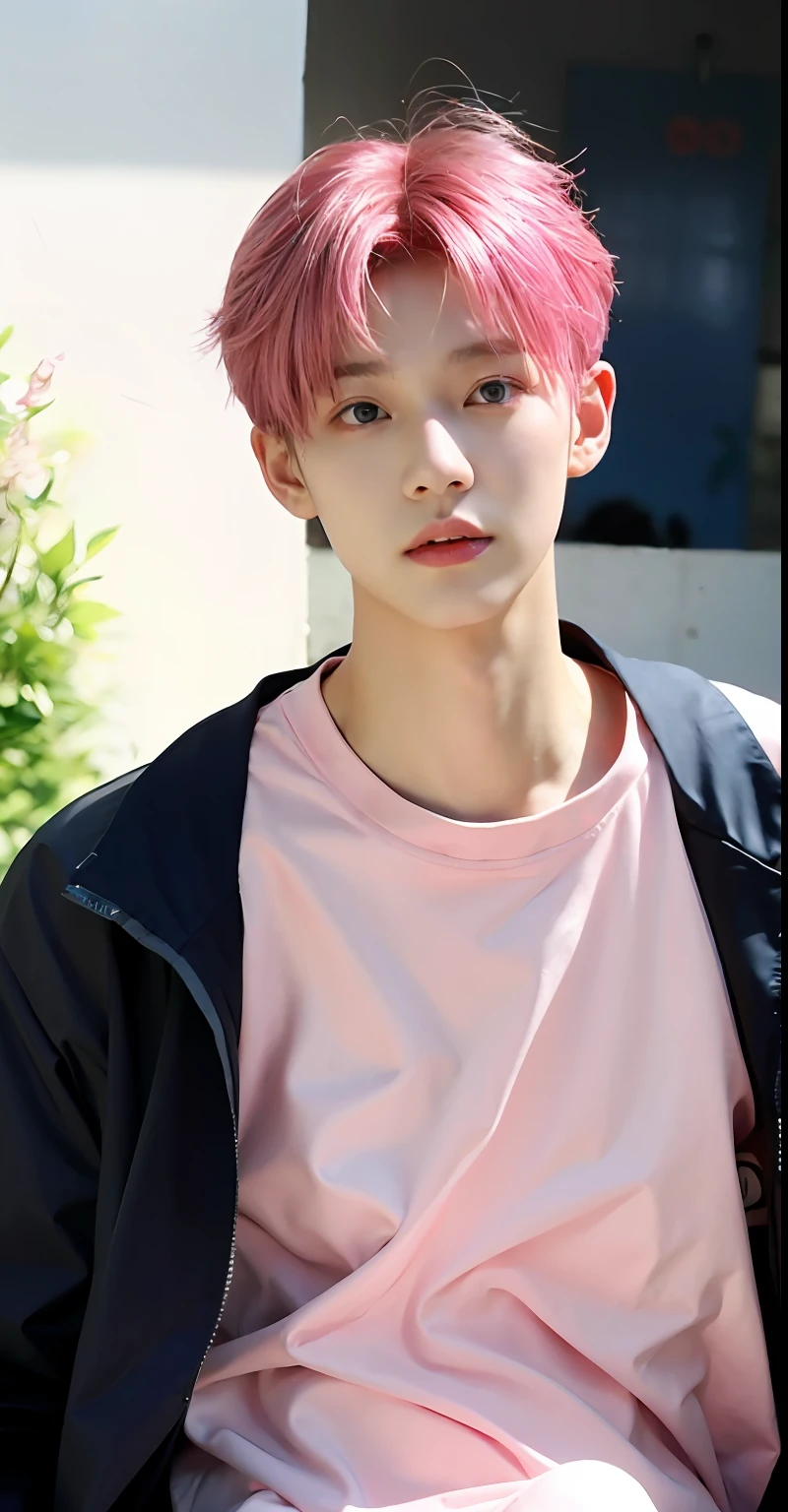 （Handsome Chinese guy：1.5）Pink hair，Anime boy with blue eyes and pink shirt, inspired by Yanjun Cheng, Guviz-style artwork, Guviz, Kawaii realistic portrait, author：yanjun cheng, ((Pink)), yanjun cheng, Glowing pink face, pink face, inspired by jeonseok lee, 8K high quality detailed art,