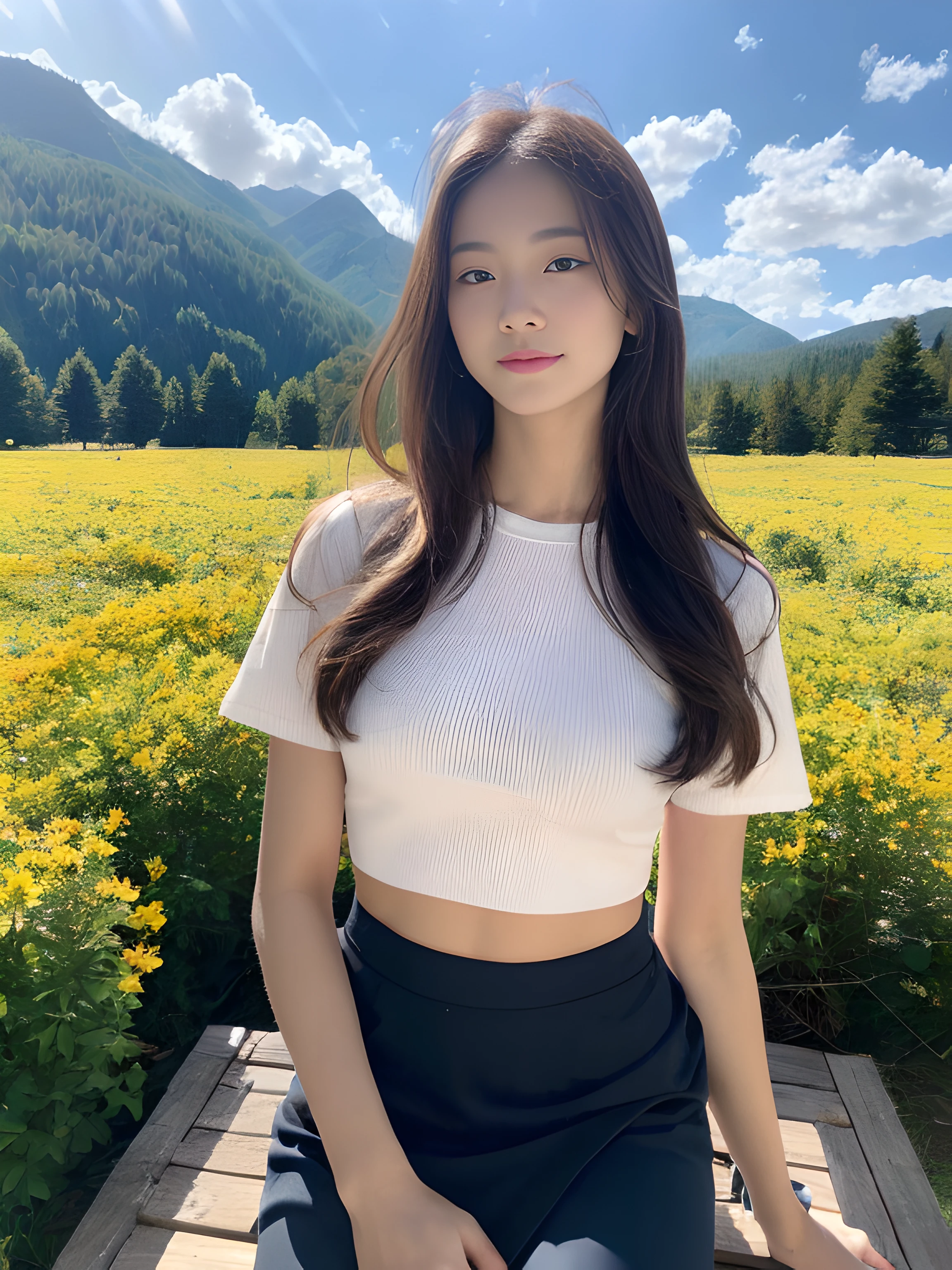 ((best qualtiy, 8K, tmasterpiece:1.3)),Focus:1.2, female high-school student，wooden cabin，（A look of determination）（adolable），delicated face，Long hair waist-length，long hair flowing，Tilt your head，ssmile，Hair details，Delicate Full Body Portrayal，Delicate depiction of the face，Best picture quality，A high resolution，细致背景，Delicate portrayal，exquisitedetails，Rich in detail，Facial strengthening，(Crop tops，short  skirt)，with blue sky and white clouds，wooden cabin，Sitting Among the Flowers，There are no bags under the eyes