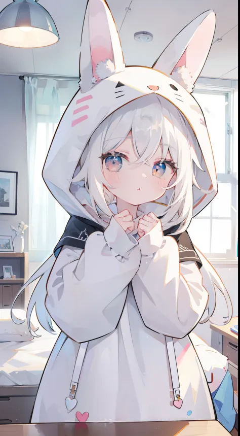 Hood Up,Rabbit ears、inside in room、Cute room、One girl、white  hair、​masterpiece、Top image quality、top-quality、
