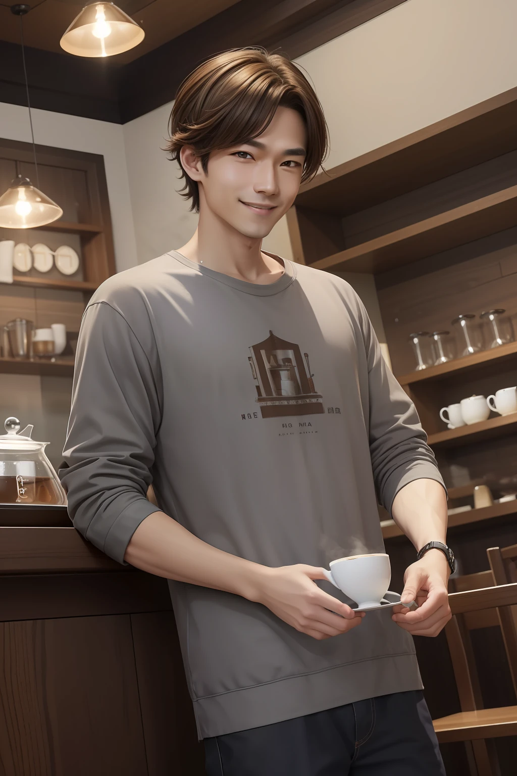 （​masterpiece）8K resolution、top-quality、Man in casual clothes having tea in coffee shop、Brown hair shortcut、Ash gray eyes、Very cool、Nice Buddy、kindly smile、Full body like