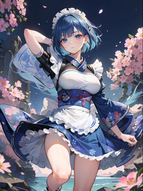 best quality, (extremely detailed: 1.5), masterpiece, ultra high res,(photo realistic:1.4), 1 Beautiful adlt woman, cowboy shot, (wearing battle armor:1.6), (floral partterned blue kimono:1.6), (maid:1.6), blue maid micro skirt, holding a rance, cheerful, ...