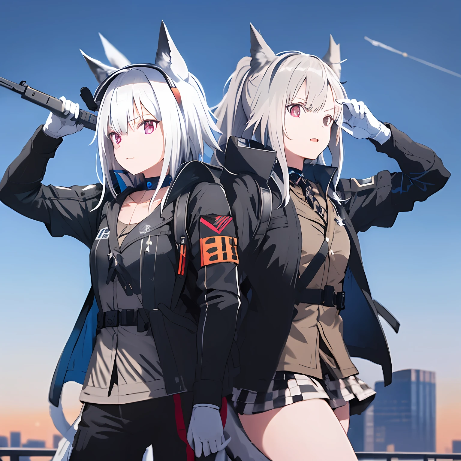1 meninas, cabelo branco, orelhas de gato, jaqueta branca e preta, usar arma militar tipo m416, usar mochila, telhado, de frente para o céu