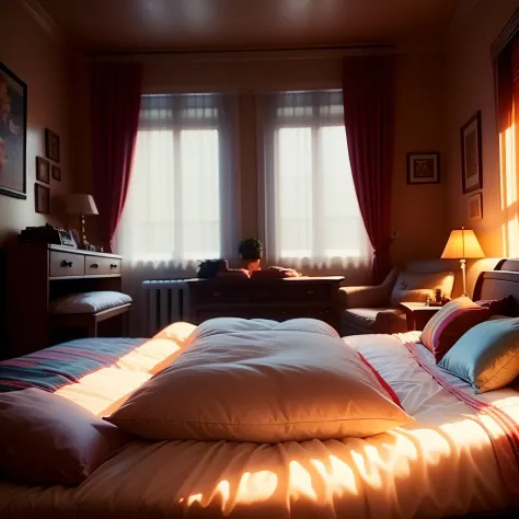 Bed with several pillows, coberta na cama, ambiente geek, luz do sol batendo pela janela