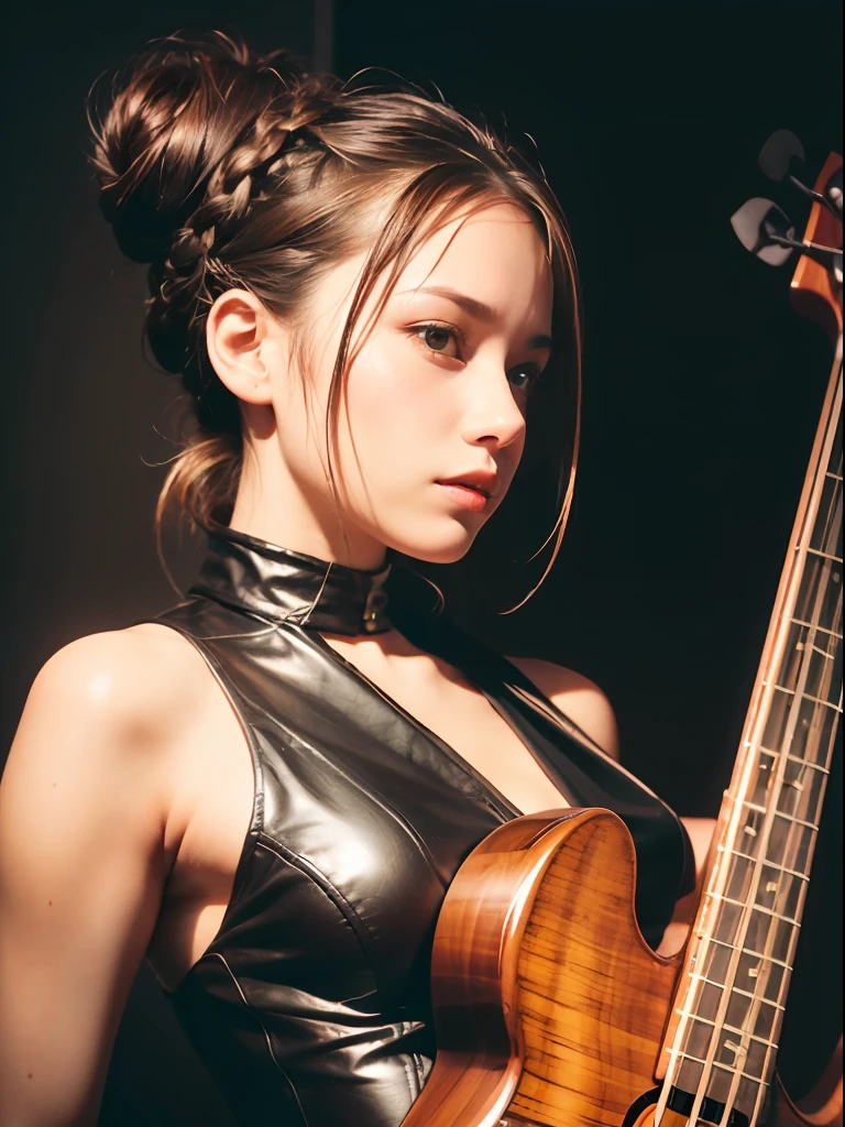 An 18-year-old woman,Braided bun hair, (Play the electric bass, 4 strings), Dark theme, Muted colors, High contrast, (detailed skin textures, Hyper-Realism, Soft light, sharp), pant suit