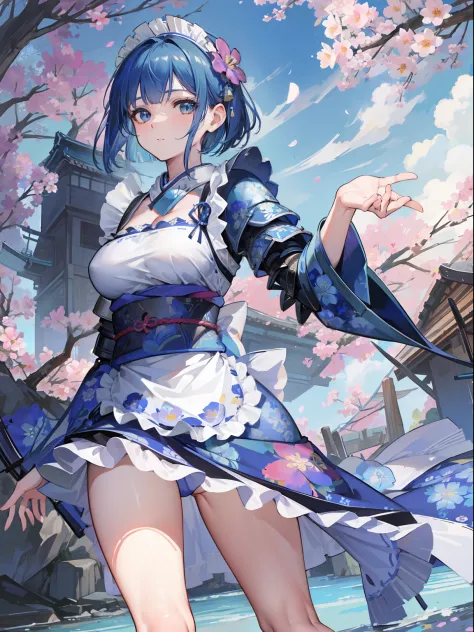 Best Quality, (Extremely detailed: 1.5), masutepiece, 超A high resolution,(photographrealistic:1.4), 1 Women with ADLT, Cowboy Shot, (Wear battle armor:1.6), (Blue kimono with floral pattern:1.6), (maid:1.6), Blue Maid Microskirt, Holding a spear, Cheerful,...