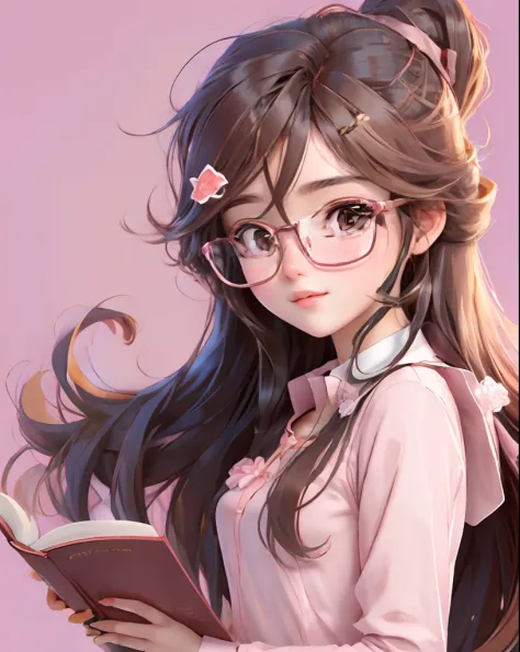 bestquality, 1 Reading Girl, bara, Cartoon Image , simple background,  Long brown hair, Wear glasses,  Pink lips,