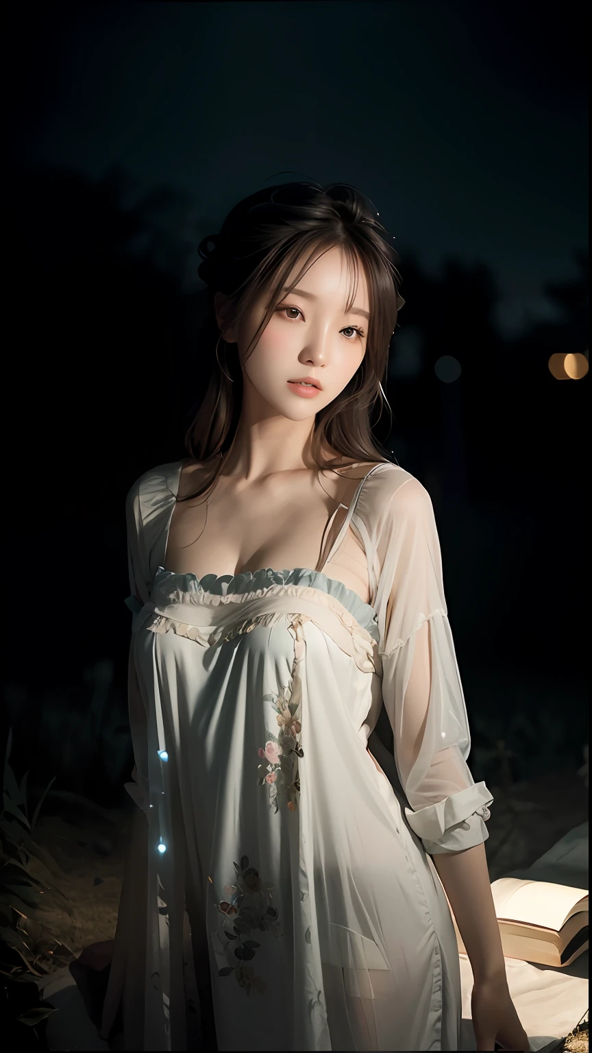 There was a woman standing in the field at night with a book, Ethereal beauty, a stunning young ethereal figure, in night gown wearing, pyjamas, dream medium portrait top light, Soft ethereal lighting, portrait soft low light, Very ethereal, author：Zhang Han, Ethereal and dreamy, Translucent dress, medium portrait top light, Light effect. Feminine, Incredibly ethereal