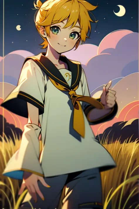 masterpiece, best quality, 1boy, sailor_collar, kagamine_len, yellow hair, (8k:0.7), (detailed background of a meadow:0.7), (dus...