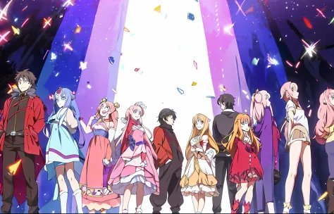 Anime characters stand in a row in front of the stage, popular isekai anime, anime key visual concept art of, still from tv anim...