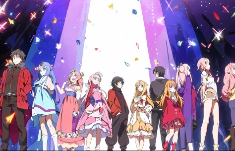 anime characters stand in a row in front of the stage, popular isekai anime, anime key visual concept art of, still from tv anim...