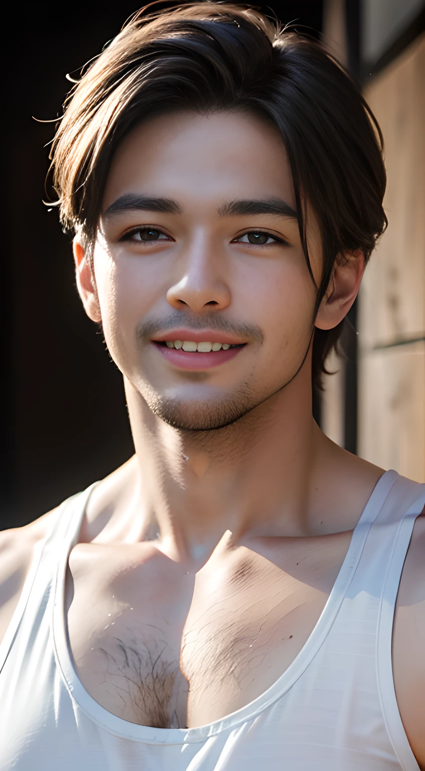 ((Men only)), (head shot), (Frontal Face), (Handsome muscular man in his 30s in white tank top), Mischievous smile, (detaile: 1 in 1), Natural muscles, HIG quality, beautidful eyes, (Detailed face and eyes), (Face、: 1 / 2), Noise, Real Photographics、... .....................................................................................................PSD, Sharp Focus, High resolution 8K, realisitic & Professional Photography, 8K UHD, Soft lighting, High quality, Film grain, FujifilmXT3