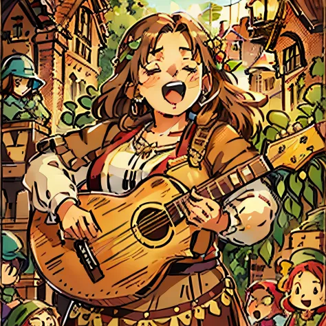 chubby, female villager, with brown sexy clothes,singing, playing lute, RPG character, medieval fantasy, close up portrait