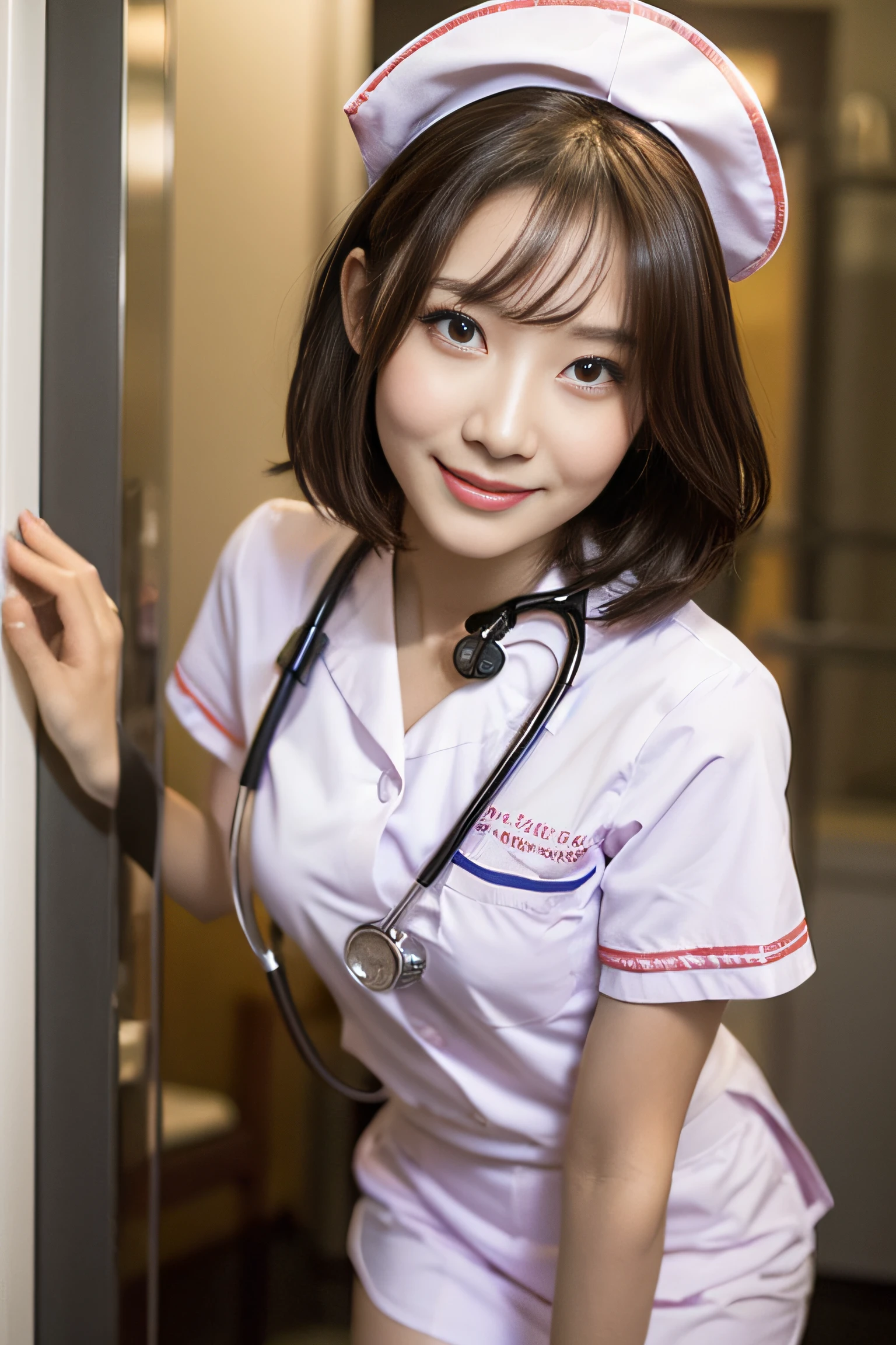 (top-quality、tmasterpiece、电影灯光、)、The sins of Japanese beauties、Glossy reddish-brown shorthair、hair pin、Disheveled hair、Floating hair、beauitful face、Slouched、squatt、(Nurse、White nurse uniform、Nurse hat、Wrap the stethoscope around your neck、)、Beautiful smooth breasts、Hourglass body、Attract the smile of the audience、looks into camera、Knock down the photographer，Speak with your crotch、Video from below、Hospital Rooms、close face、shiny skins、Bold sexy pose、Beautiful Finger、