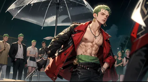 zoro, solo, short hair, gloves, 1boy, jewelry, jacket, weapon, male focus, earrings, green hair, open clothes, belt, pants, neck...