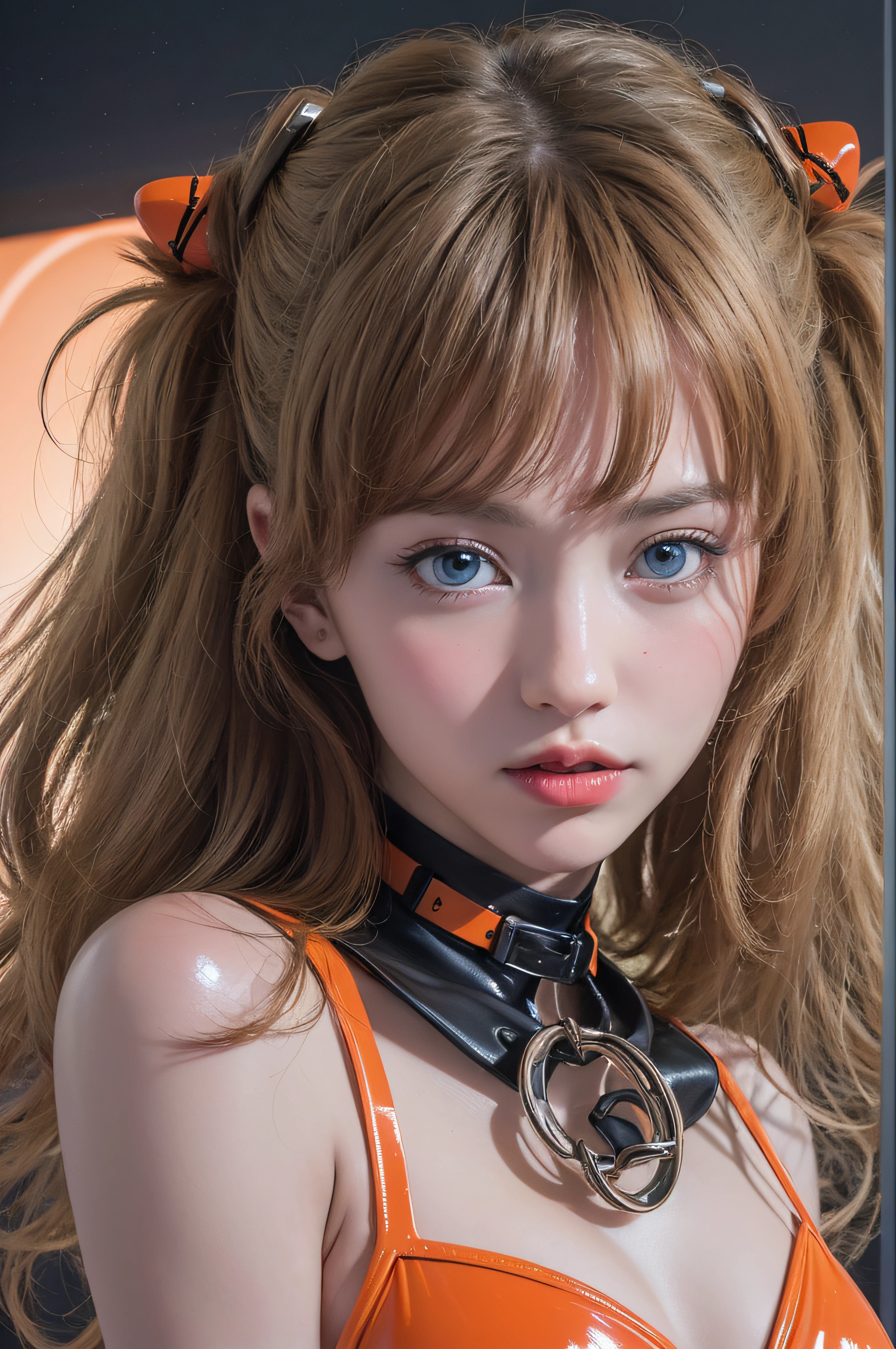 top-quality、​masterpiece、超A high resolution、(Photorealsitic:1.4)、Raw photography、(女の子1人)、glowy skin、Asuka Langley、((super realistic details))、portlate、globalillumination、Shadow、octan render、8K picture quality、ultrasharp、highly intricate detail、Realistic light、CGSoation Trends、Almond-shaped sky blue eyes、radiant eyes、Facing the camera、pink lipsticks、(Small)、(Orange ultra-thin latex micro bikini:1.4)、(Hard erection:1.2)、( looking upwards:1.2)、neon details、sitting on、(Metal belt at underbust)、(Metal collar)、(Upper arm metal bangles)、(Mechanical Hair Ornament)、Evangelion、Small LED lamp、Detailed CG image quality、Purple neon lighting、Green neon lighting