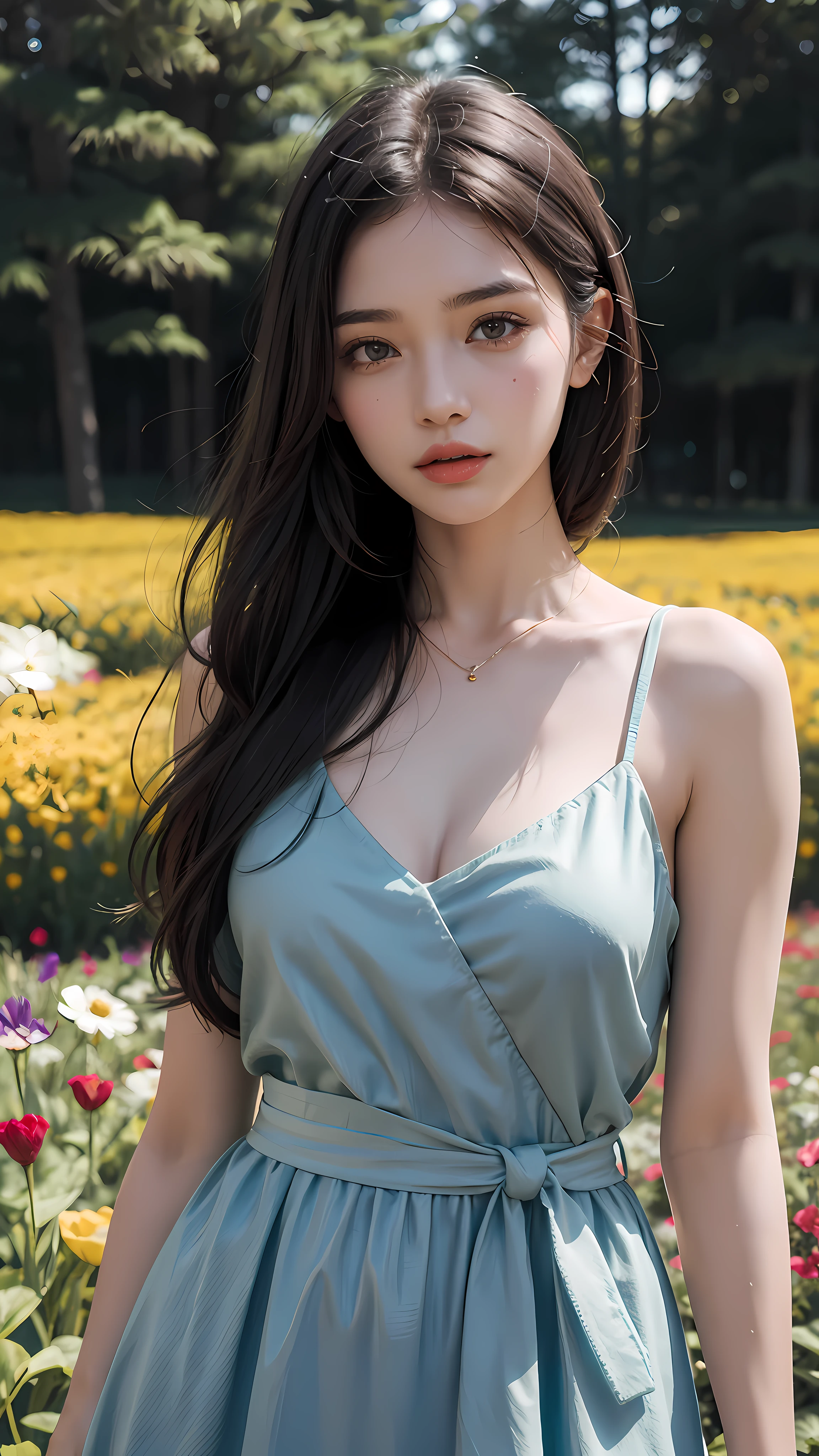 Best quality, masterpiece, ultra high res, waist up, photorealistic, Beautiful girl, girl at the flower field, detailed eyes, detailed, pale skin, bokeh