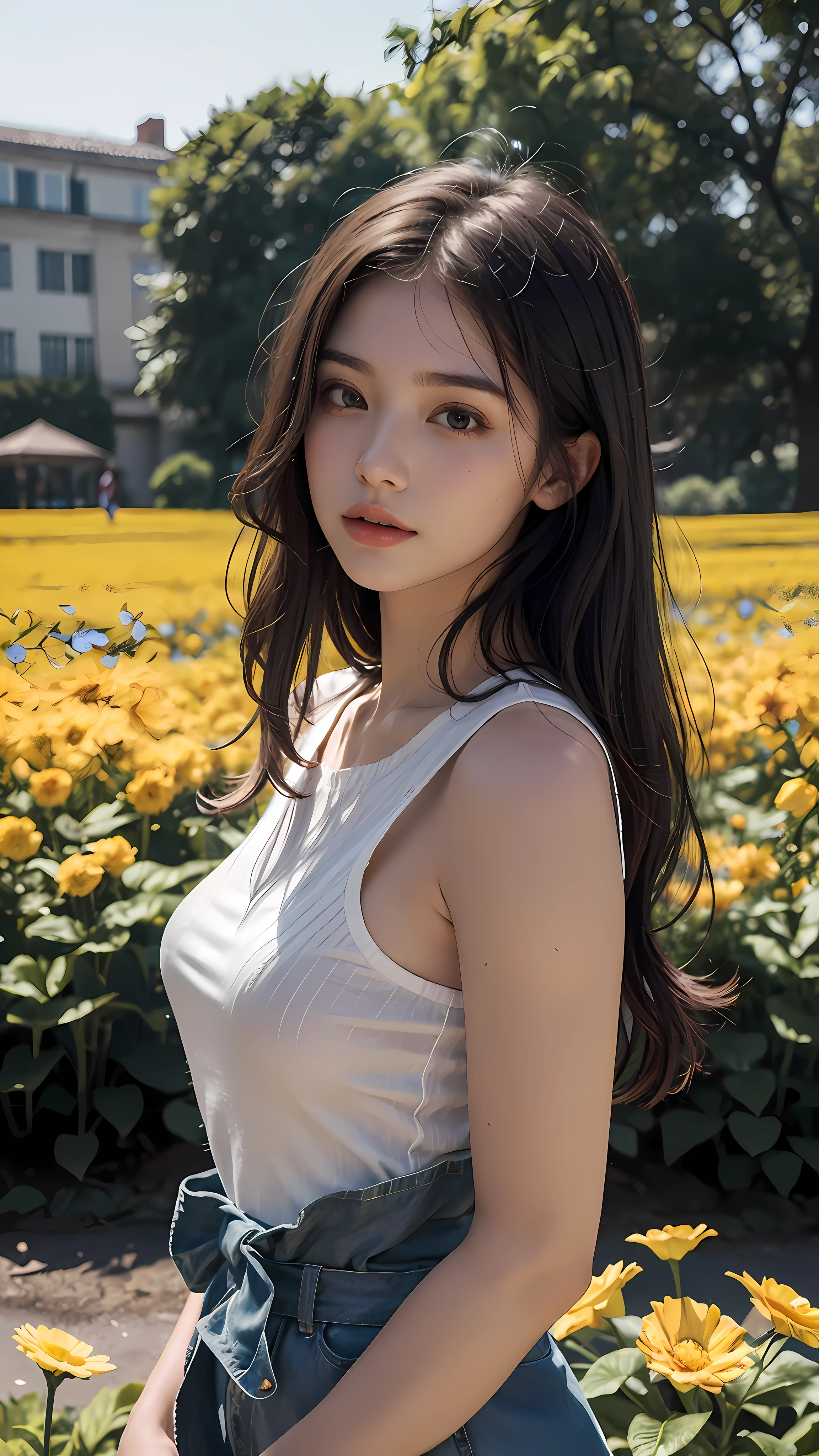 Best quality, masterpiece, ultra high res, waist up, photorealistic, Beautiful girl, girl at the flower field, detailed eyes, detailed, pale skin, bokeh