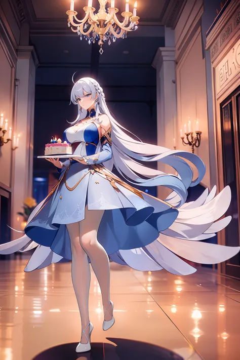 1female, white long hair, blue dress, holding a birthday cake, birthday event, indoor, having fun, full body