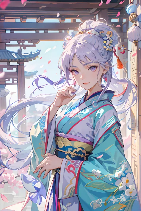 Mature girl, purple eyes, blue-white hair color, floating hair, delicate and flexible eyes, intricate damask hanfu, gorgeous accessories, wearing pearl earrings, fov, f/1.8, masterpiece, ancient Chinese architecture, blue sky, flower petals flying, front p...