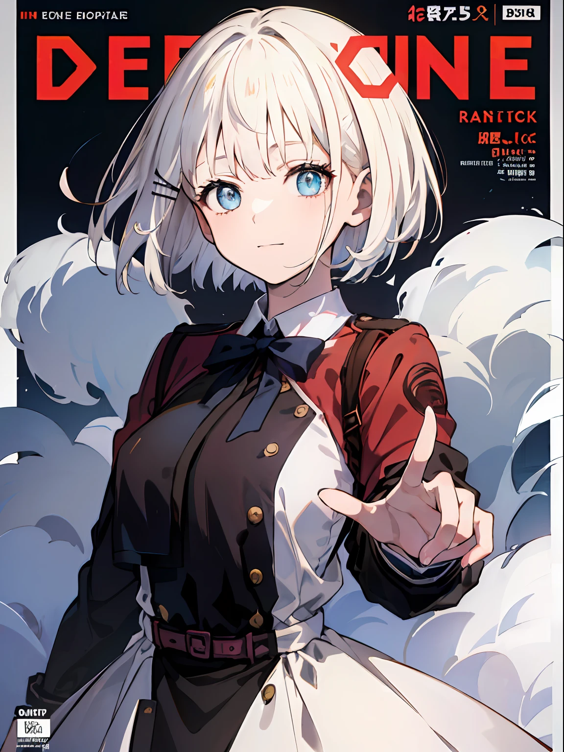 detectiveSiesta, Smile, Short hair, bangs, blue eyes, Shirt, hair ornament, Long sleeves, Dress, Bow, White hair, hair clips, Blunt bangs, bowtie, Red bow, X hair ornament, red bowtie, Siesta, (medium breasts⁩:1.2), BREAK looking at viewer, BREAK outside, BREAK (masutepiece:1.2), Best Quality, High resolution, Unity 8k Wallpaper, (Illustration:0.8), (Beautiful detailed eyes:1.6), extra detailed face, Perfect Lighting, extremely details CG, (Perfect hands, Perfect Anatomy),((((Dramatic)))、(((gritty)))、(((vehement)))Movie poster featuring a young woman as the main character。She stands confidently in the center of the poster.、Wear stylish and edgy outfits、I have a determined look on my face。The background is dark and rough、Makes you feel danger and strength。Text is bold and attention-grabbing、Has a catchy tagline that adds to the overall sense of drama and excitement。The color palette is predominantly bright、There are splashes of bright colors、It gives the poster a dynamic and visually striking look。 (magazine:1.3), (cover-style:1.3), Fashionable, FEMALES, with a vibrant, outfits, the pose, the front, Colorful, Dynamic, Background with, element, I'm confident, expression, fail, statement, accessorized, An majestic, coiled, surroundings, Touch, The scene, texto, covers, It's bold, captures the attention, Titles, Stylish, Font, Catchy, headline, The large, Impressive, moderno, Trendy, Focus, lo fashion,shorth hair、Bob Hair、White hair、bright light blue eyes