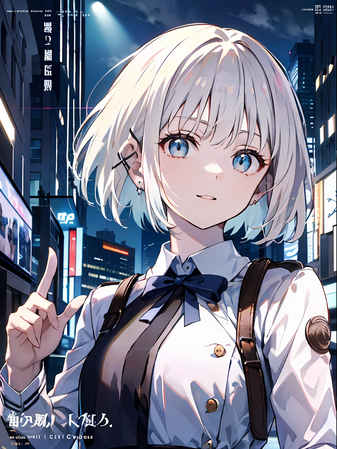 detectiveSiesta, Smile, Short hair, bangs, blue eyes, Shirt, hair ornament, Long sleeves, Dress, Bow, White hair, hair clips, Blunt bangs, bowtie, Red bow, X hair ornament, red bowtie, Siesta, (medium breasts⁩:1.2), BREAK looking at viewer, BREAK outside, BREAK (masutepiece:1.2), Best Quality, High resolution, Unity 8k Wallpaper, (Illustration:0.8), (Beautiful detailed eyes:1.6), extra detailed face, Perfect Lighting, extremely details CG, (Perfect hands, Perfect Anatomy),((((Dramatic)))、(((gritty)))、(((vehement)))Movie poster featuring a young woman as the main character。She stands confidently in the center of the poster.、Wear stylish and edgy outfits、I have a determined look on my face。The background is dark and rough、Makes you feel danger and strength。Text is bold and attention-grabbing、Has a catchy tagline that adds to the overall sense of drama and excitement。The color palette is predominantly bright、There are splashes of bright colors、It gives the poster a dynamic and visually striking look。 (magazine:1.3), (cover-style:1.3), Fashionable, FEMALES, with a vibrant, outfits, the pose, the front, Colorful, Dynamic, Background with, element, I'm confident, expression, fail, statement, accessorized, An majestic, coiled, surroundings, Touch, The scene, texto, covers, It's bold, captures the attention, Titles, Stylish, Font, Catchy, headline, The large, Impressive, moderno, Trendy, Focus, lo fashion,shorth hair、Bob Hair、White hair、bright light blue eyes