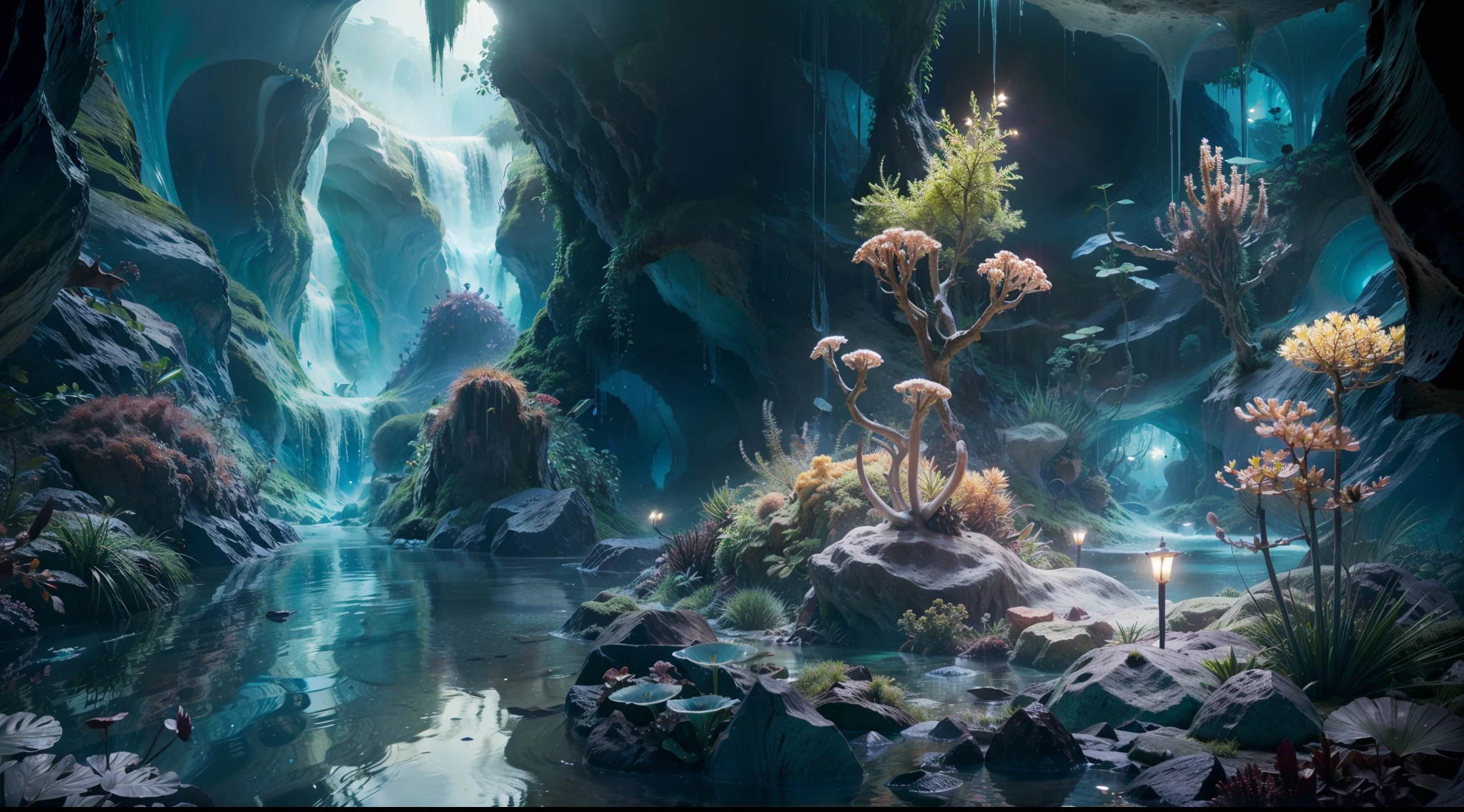 深淵、在一個神祕的水下洞穴裡、你會看到一個令人驚嘆的花園，裡面種滿了閃閃發光的植物。植物很嫩、散發出宜人的光芒、用不同的顏色照亮洞穴的牆壁。走進生物發光的神秘世界、感覺像是步入了夢想成真的神奇境界。全景圖, 高細節, 獲獎的, 最好的品質, 高解析度, 8K