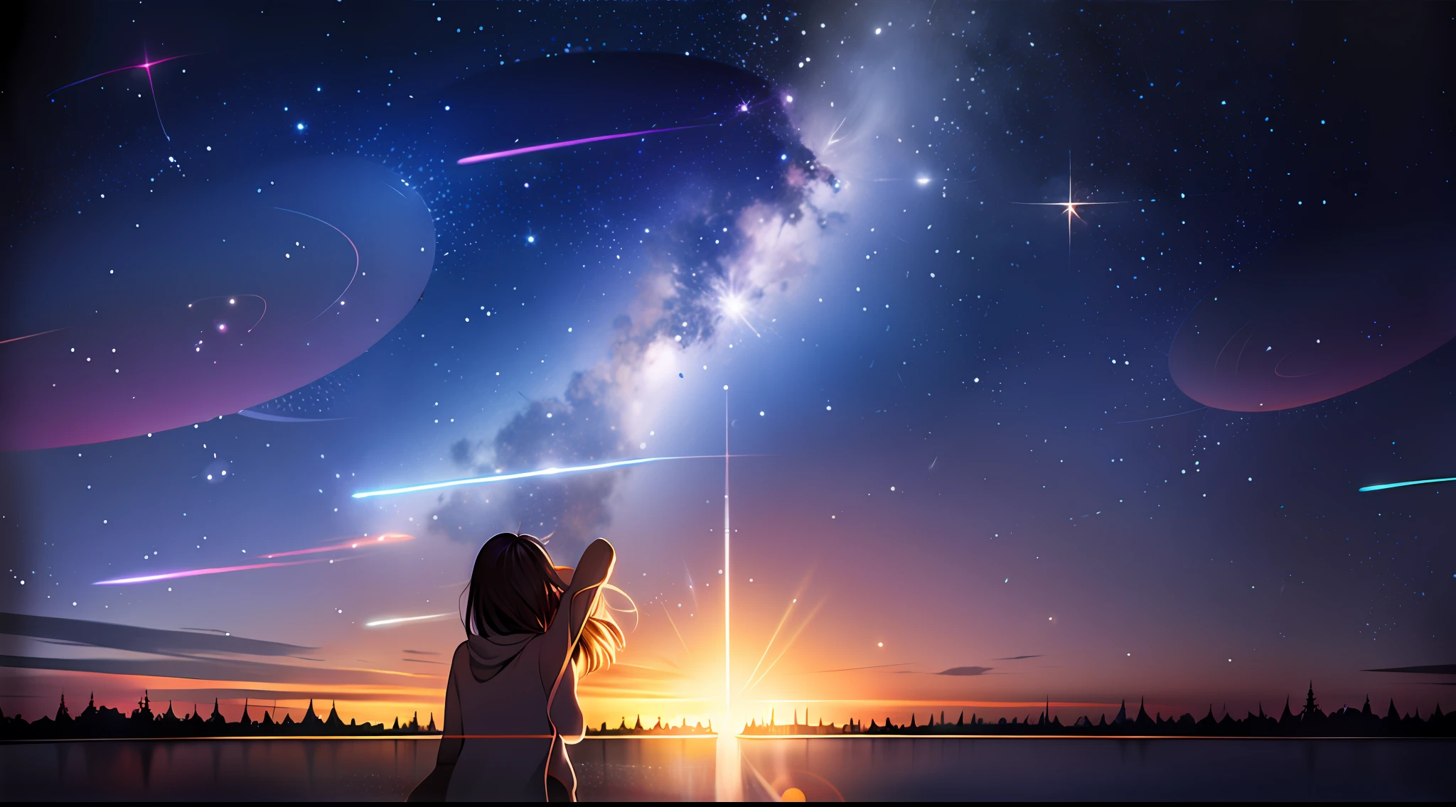 Anime girl смотрю на звезды in the sky, Макото Синкай Сирил Роландо, звезда(Скайпорн) звездное небо_Скайпорн, космическое небо. Макото Синкай, звездаry sky!!, девушка смотрит в космос, Синкай Макото!, Художественный стиль Макото Синкай, Глядя на звезды, Синкай Макото!!, смотрю на звезды