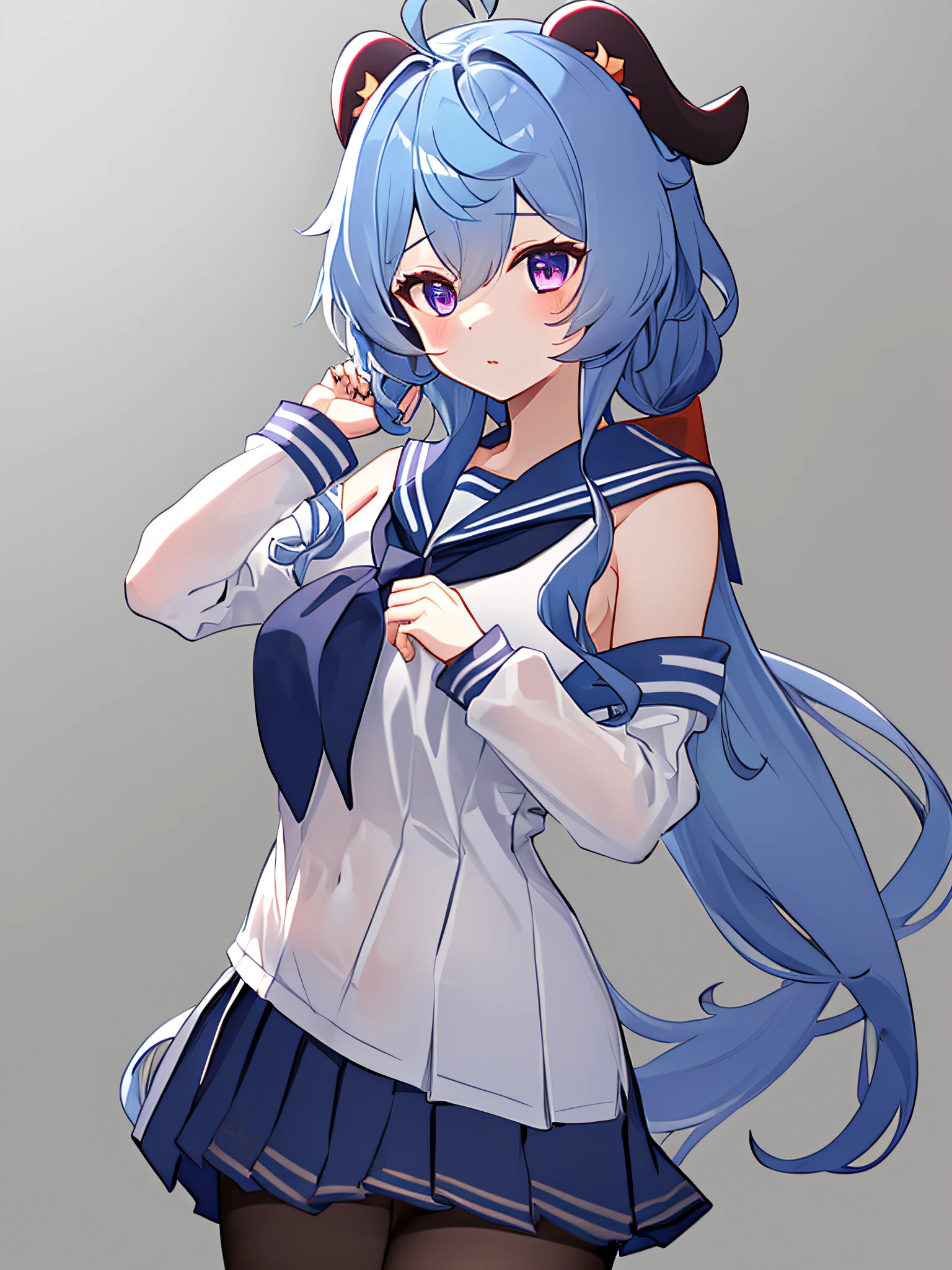 Gamō \(GenshinImpact\), 1girl in, Ahoge, bangss, Plain shoulders, nud,  Black pantyhose, ((a sailor suit)),((Dark blue pleated skirt,Blue sailor color)),((Blue-haired)),simple background,  banya, The long-haired, see the beholder, (Medium chest),(teats), Purple eyes, side locks, solo, tassels, White sleeves, ((​masterpiece)),(best qualtiy),(Ultra-detail),(a high chroma)