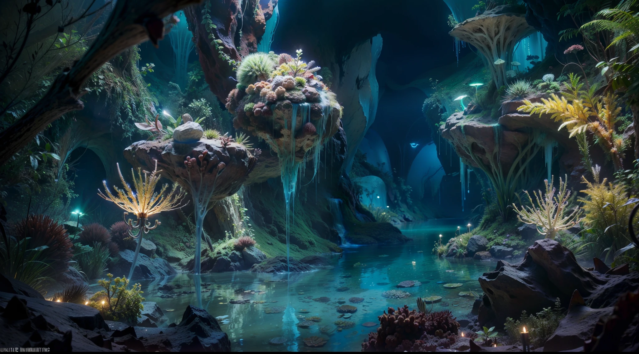 深淵、在一個神祕的水下洞穴裡、你會看到一個令人驚嘆的花園，裡面種滿了閃閃發光的植物。植物很嫩、散發出宜人的光芒、用不同的顏色照亮洞穴的牆壁。走進生物發光的神秘世界、感覺像是步入了夢想成真的神奇境界。全景圖, 高細節, 獲獎的, 最好的品質, 高解析度, 8K