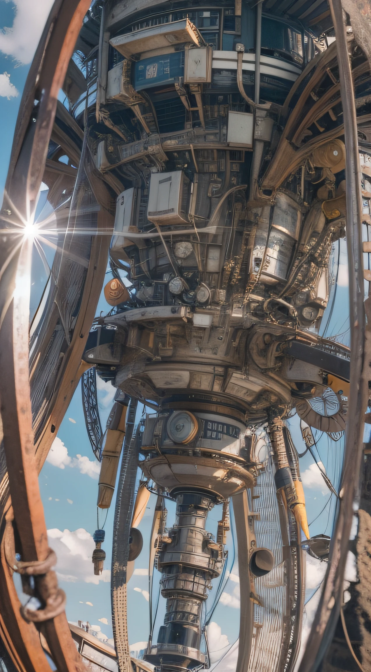 a heavily distorted, fading midday clear sky, multiple warped objects comprised of contorted feathers/machinery/pipes/rusted components is floating in the air, extra detail, 4kHD details, best resolution, surrealistic composition, extreme camera angle, motion blur, depth of field, foreshortening, tilted camera angle, cinematic lighting, movie scene, precise details, intense details, panoramic image, fish eye lens view, INTENSE LENS FLARE