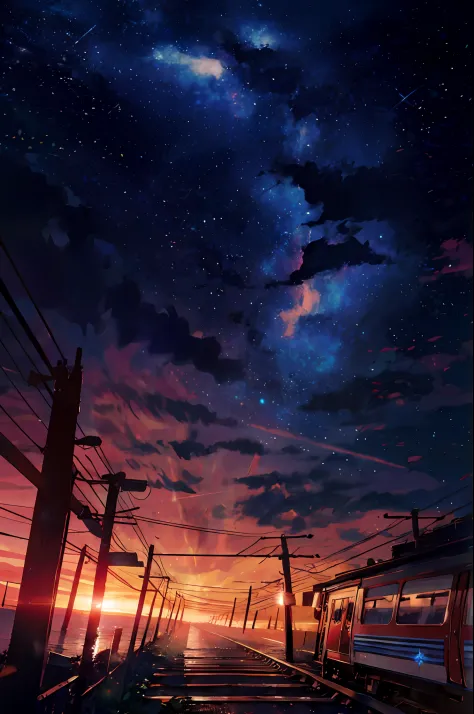 Duas pessoas, trilho de trem, cosmic sky, galaxias, estilo anime, postes de luz, cidade pequena