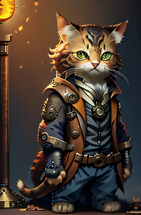 fullbody, c4ttitude cat steampunk, steampunk background