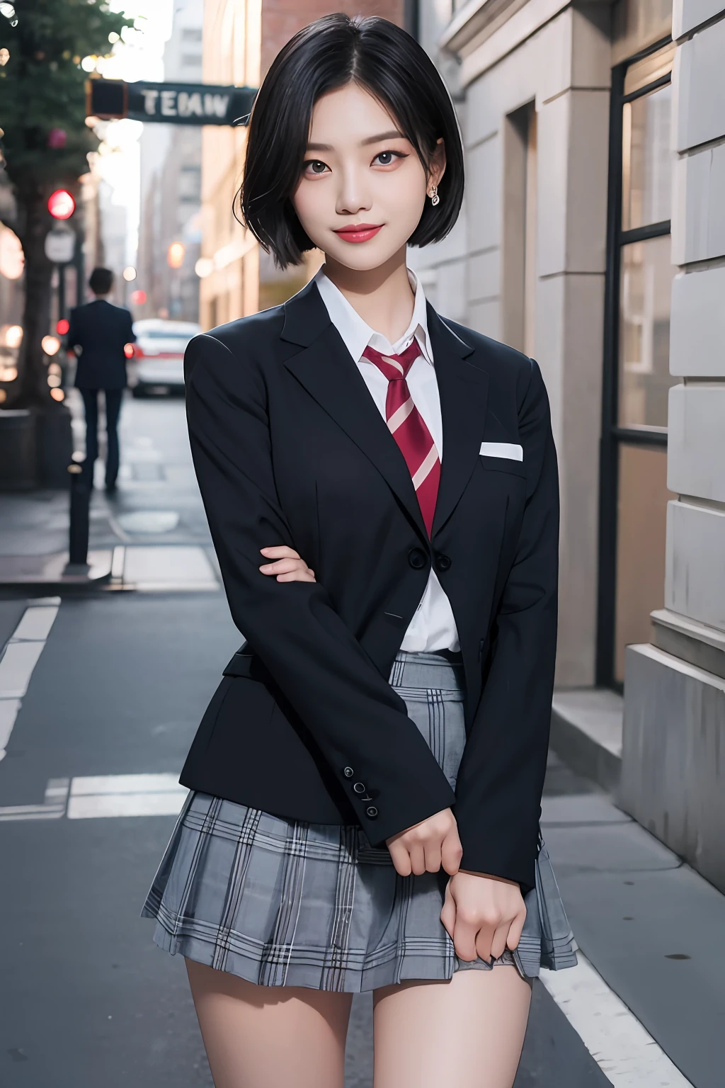 8K RAW photos, high resolution, 2 cool Korean, big round breasts, school uniform, tie, tie ribbon, blazer, skirt, beautiful eyes in detail, long eyelashes, beautiful double eyelids, eye shadow, slit eyes, sanpaku eyes, dark eye makeup, evil smile, beautiful thin legs, short hair tied at the back, earrings, night downtown