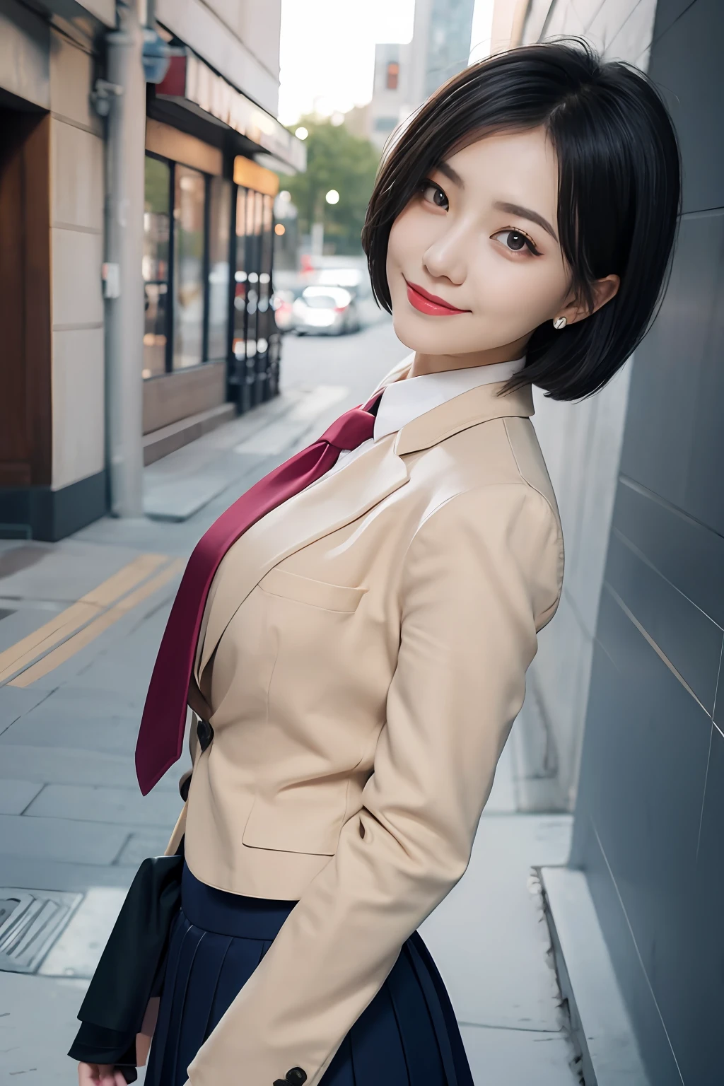 8K RAW photos, high resolution, 2 cool Korean, big round breasts, school uniform, tie, tie ribbon, blazer, skirt, beautiful eyes in detail, long eyelashes, beautiful double eyelids, eye shadow, slit eyes, sanpaku eyes, dark eye makeup, evil smile, beautiful thin legs, short hair tied at the back, earrings, night downtown