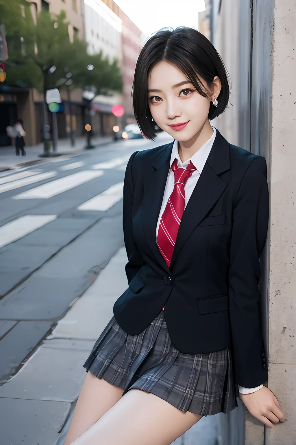 8K RAW photos, high resolution, 2 cool Korean, big round breasts, school uniform, tie, tie ribbon, blazer, skirt, beautiful eyes in detail, long eyelashes, beautiful double eyelids, eye shadow, slit eyes, sanpaku eyes, dark eye makeup, evil smile, beautiful thin legs, short hair tied at the back, earrings, night downtown