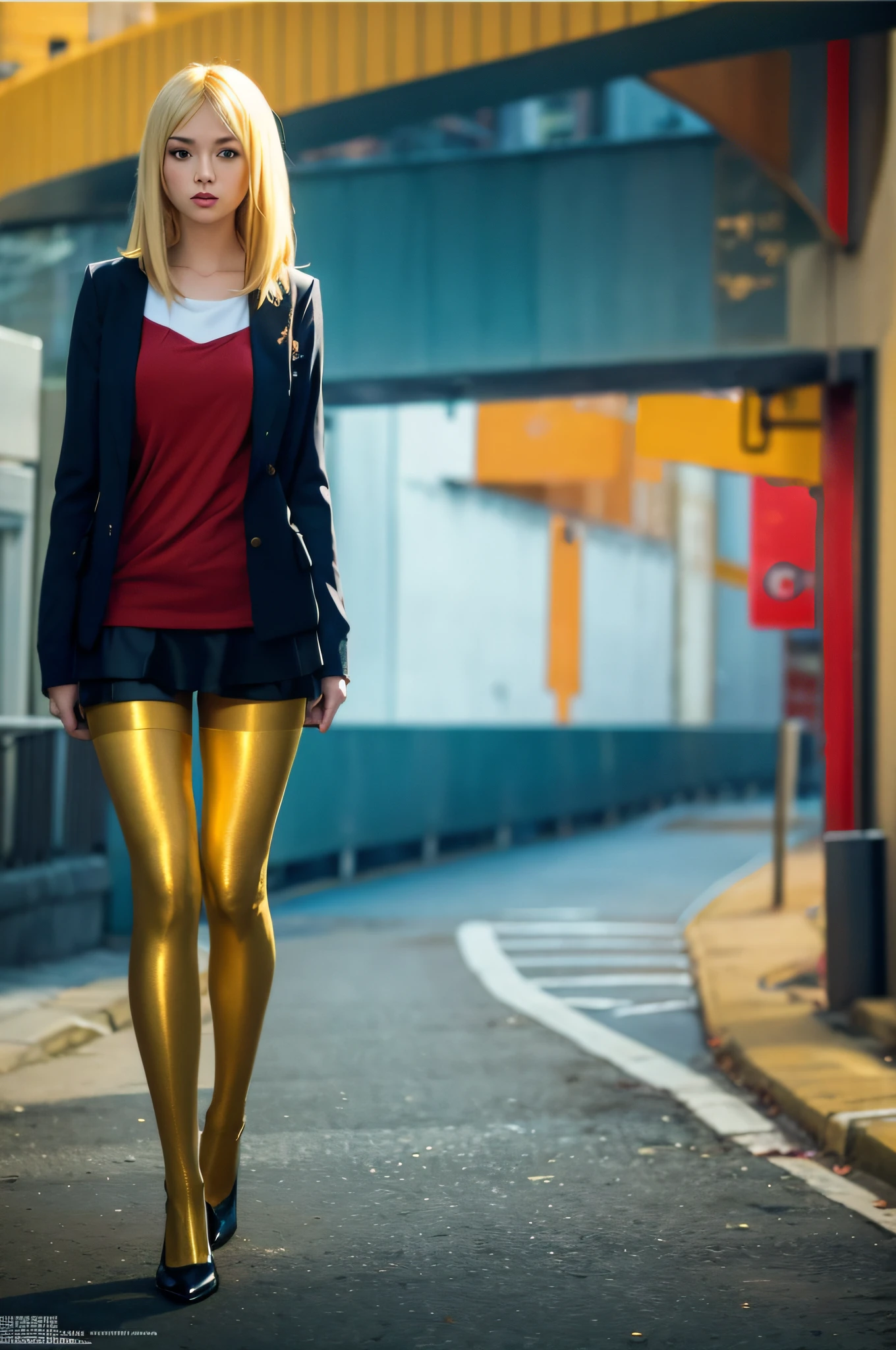 Woman in gold leggings and blazer walking down a street - SeaArt AI