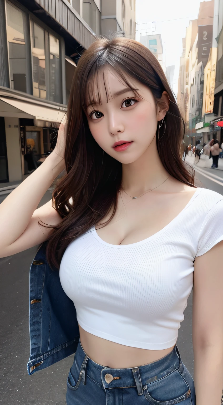 masutepiece, Best Quality, Illustration, Ultra-detailed, finely detail, hight resolution, 8K Wallpaper, Perfect dynamic composition, Beautiful detailed eyes,  Natural Lip, white t-shirts , Short denim pants , Big breasts, cleavage, Full body, navel-baring