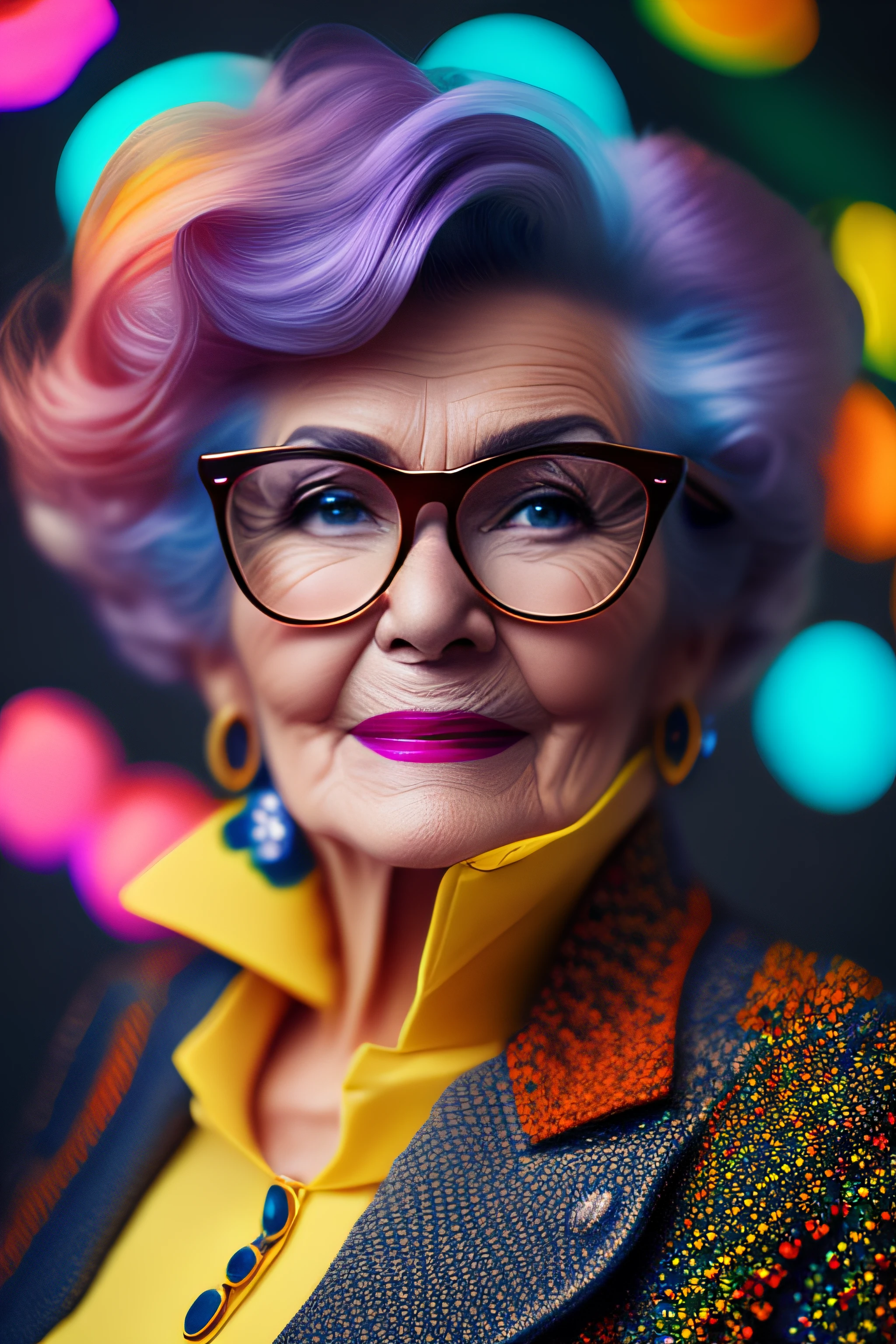 (fashionista portrait An older, elderly, European face, with yellow glasses and a flower in her hair, 1950s with intricate modern colored bright vintage colored glasses), hair with colorful flowers, expression would be, (extremely detailed digital photography: 1.2), standing in the middle of the city, (((full body))), raw image,, Hasselblad, 50asa, f8, 12mm, glow effects, godrays,  hand-drawn, render, 8k, octane render, cinema 4d, blender, dark, atmospheric 4k ultra detailed, sensual cinematic, sharp focus, very serious illustration great depth of field, masterpiece, colors, 3d octane rendering, 4k, concept art, trend in artstation, hyperrealistic, vivid colors, rim light, extremely detailed CG 8k wallpaper unit, trend in ArtStation,  trend in CGSociety, Pop Art style by Yayoi Kusama, Intricate, High Detail, dramatic, pure energy, light particles, sci-fi