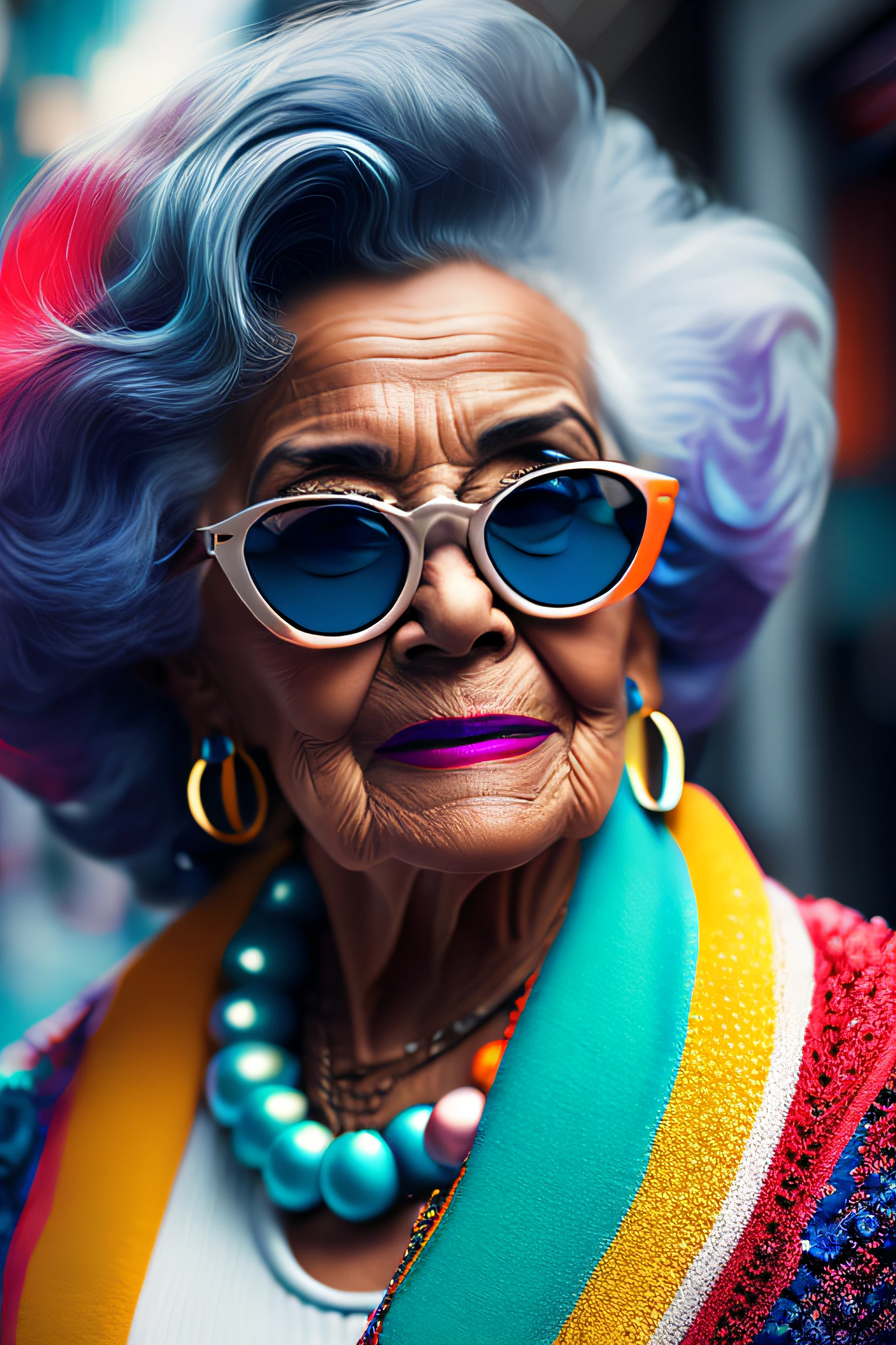 (fashionista portrait elderly brazilian woman, 1950s with intricate colorful modern bright polarized glasses), flufly chlorful hair, serious expression (Extremely detailed digital photography: 1.2), standing in the middle of the city, (((full body))), raw image,, Hasselblad, 50asa, f8, 12mm, glow effects, godrays, hand drawn, render, 8k, octane render, cinema 4d, blender, dark, atmospheric 4k ultra detailed,  sensual cinematic, sharp focus, humorous illustration, great depth of field, masterpiece, colors, 3d octane rendering, 4k, concept art, trend in artstation, hyperrealistic, vivid colors, rim light, extremely detailed CG 8k wallpaper unit, trend in ArtStation, trend in CGSociety, Pop Art style by Yayoi Kusama, Intricate, High Detail, dramatic
, pure energy, light particles, sci-fi