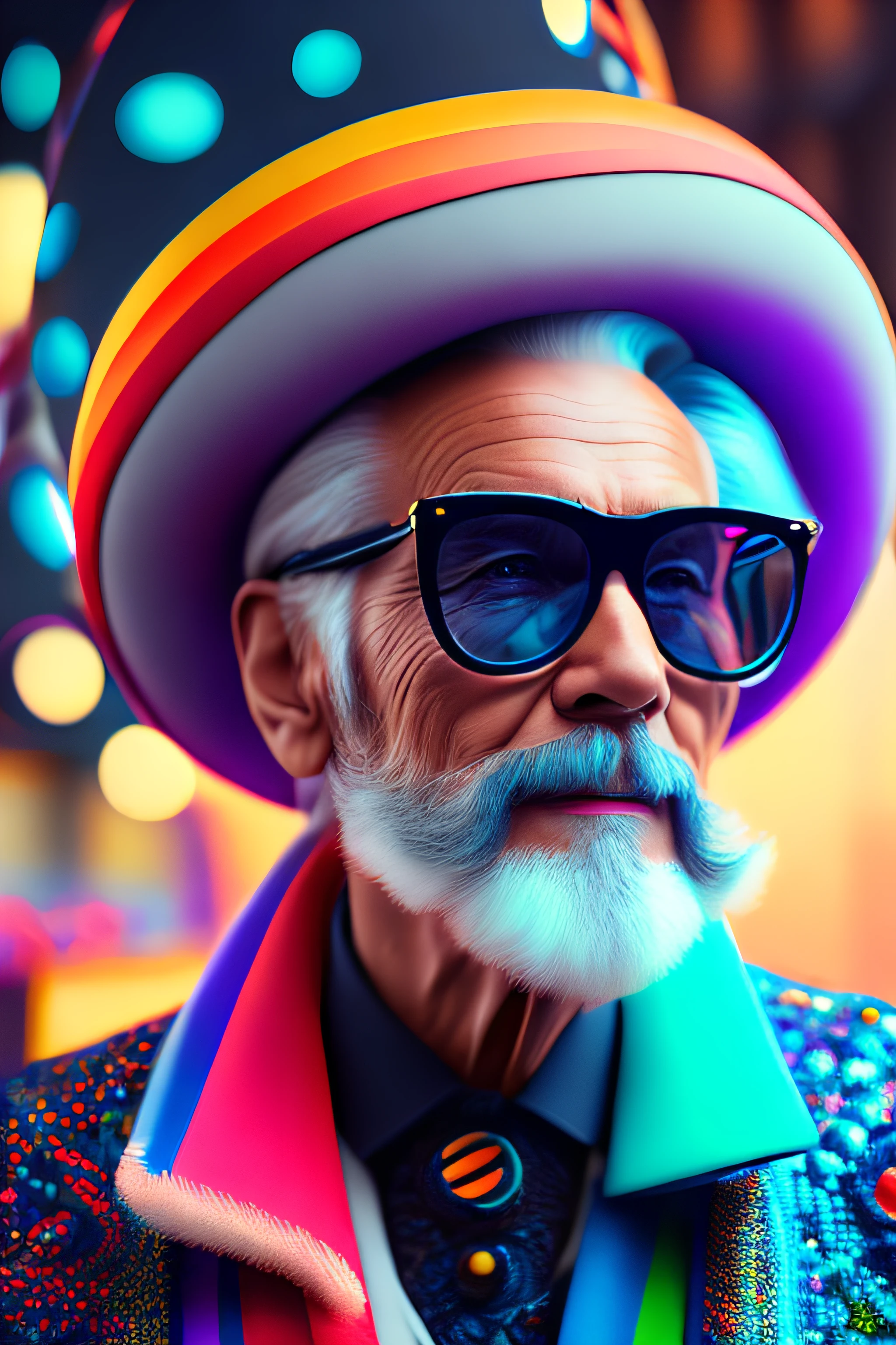 (fashionista portrait old american man, 1950s with intricate colorful modern bright colored glasses), c0lorful cute hair, smiling expression, (extremely detailed digital photography: 1.2), standing in the middle of the city, ((((full body)))), raw image,, Hasselblad, 50asa, f8, 12mm, glow effects, godrays, hand drawn, render, 8k, octane render, 4d cinema, blender, dark, atmospheric 4k ultra detailed,  sensual cinematic, sharp focus, humorous illustration, great depth of field, masterpiece, colors, 3d octane rendering, 4k, concept art, trend in artstation, hyperrealistic, vivid colors, rim light, extremely detailed CG 8k wallpaper unit, trend in ArtStation, trend in CGSociety, Pop Art style by Yayoi Kusama, Intricate, High Detail, dramatic
, pure energy, light particles, sci-fi