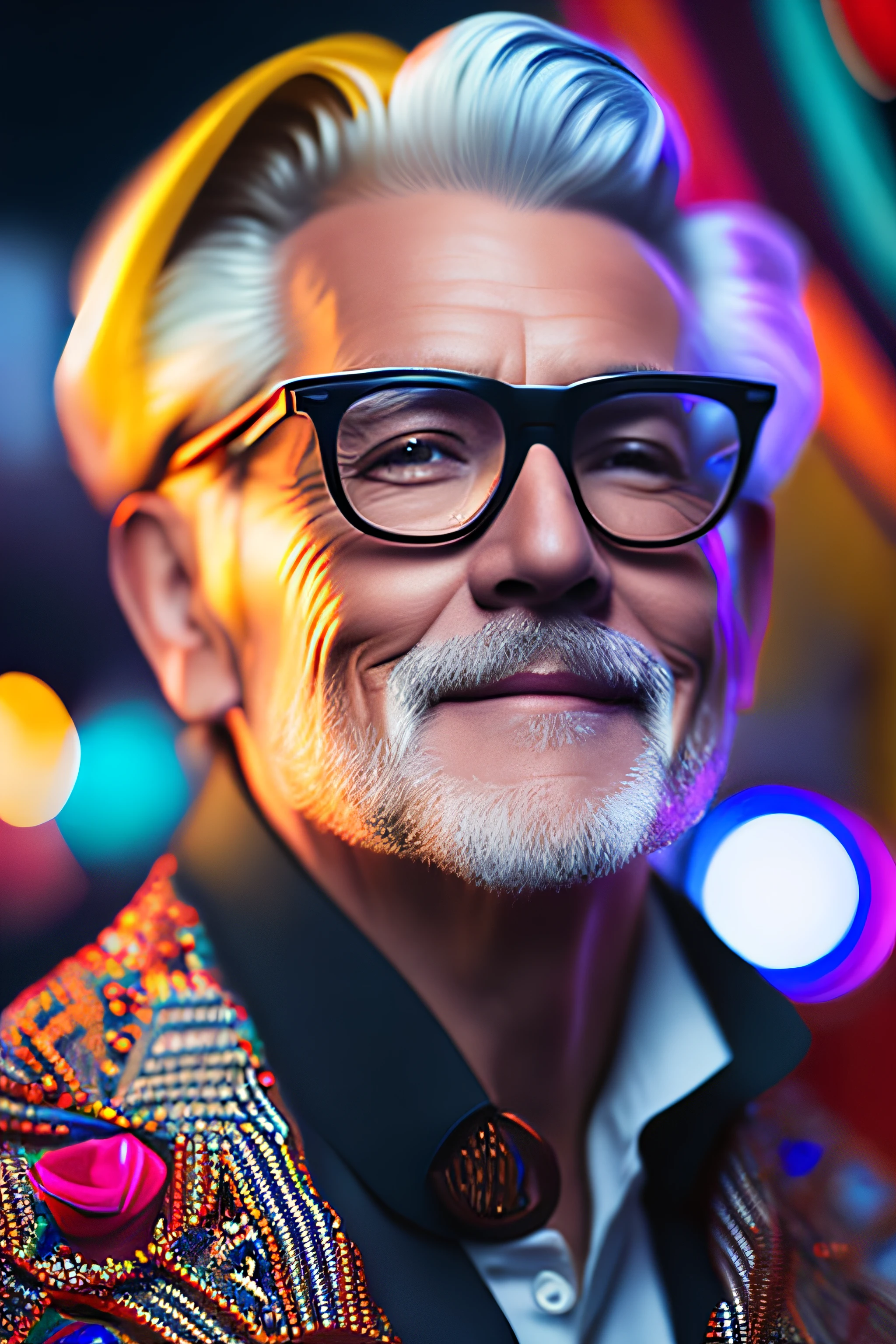 (fashionista portrait middle-aged man of the 1950s with intricate colorful modern bright colored glasses), hair with flowers, smiling expression, (extremely detailed digital photography: 1.2), standing in the middle of the city, (((full body))), raw image,, Hasselblad, 50asa, f8, 12mm, glow effects, godrays, hand drawn, render, 8k, octane render, cinema 4d, blender, dark, atmospheric 4k ultra detailed,  sensual cinematic, sharp focus, humorous illustration, great depth of field, masterpiece, colors, 3d octane rendering, 4k, concept art, trend in artstation, hyperrealistic, vivid colors, rim light, extremely detailed CG 8k wallpaper unit, trend in ArtStation, trend in CGSociety, Pop Art style by Yayoi Kusama, Intricate, High Detail, dramatic
, pure energy, light particles, sci-fi