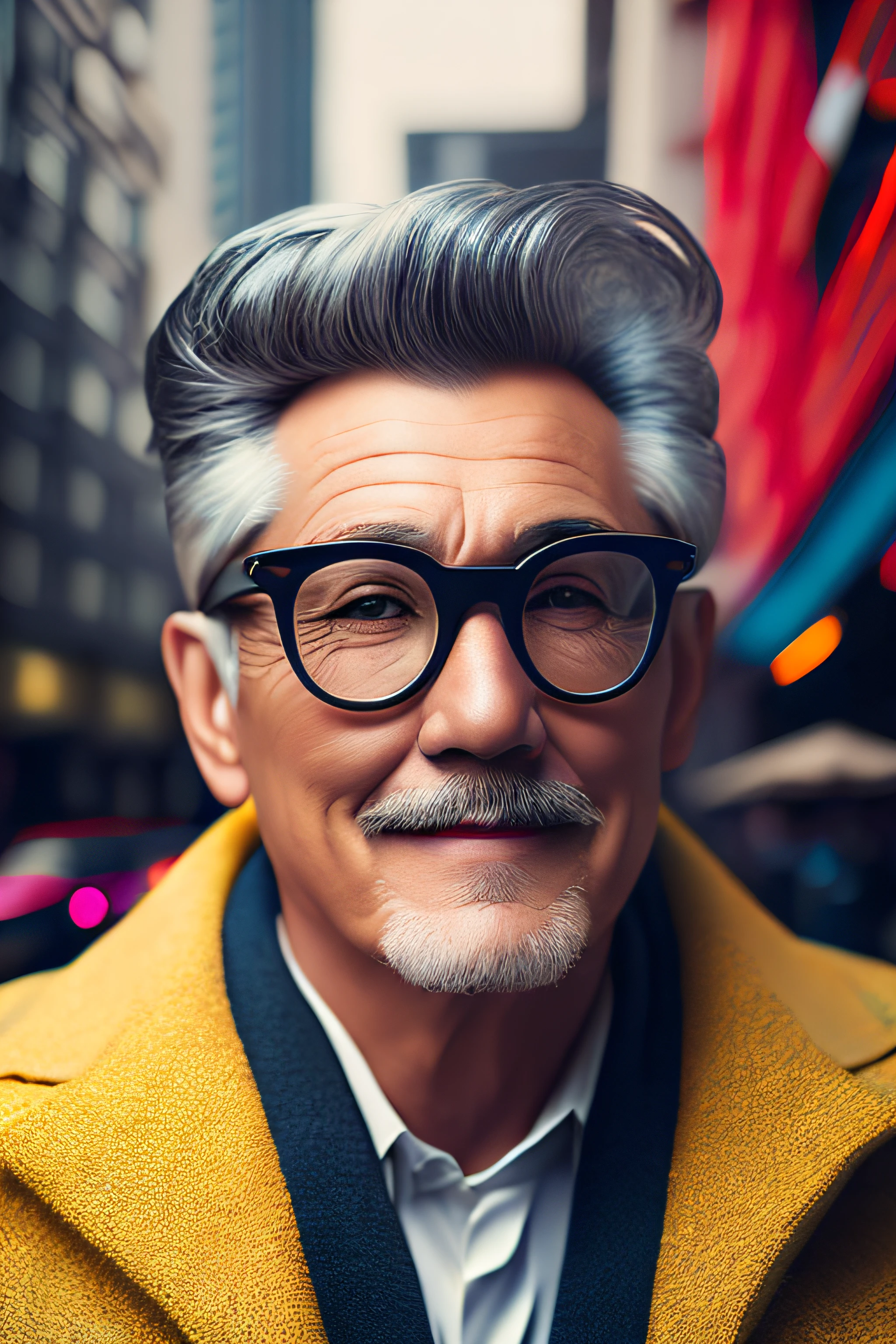 (fashionista portrait middle-aged man of the 1950s with intricate colorful modern bright colored glasses), hair with flowers, smiling expression, (extremely detailed digital photography: 1.2), standing in the middle of the city, (((full body))), raw image,, Hasselblad, 50asa, f8, 12mm, glow effects, godrays, hand drawn, render, 8k, octane render, cinema 4d, blender, dark, atmospheric 4k ultra detailed,  sensual cinematic, sharp focus, humorous illustration, great depth of field, masterpiece, colors, 3d octane rendering, 4k, concept art, trend in artstation, hyperrealistic, vivid colors, rim light, extremely detailed CG 8k wallpaper unit, trend in ArtStation, trend in CGSociety, Pop Art style by Yayoi Kusama, Intricate, High Detail, dramatic
, pure energy, light particles, sci-fi