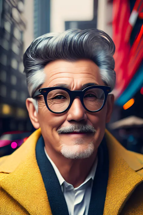 (fashionista portrait middle-aged man of the 1950s with intricate colorful modern bright colored glasses), hair with flowers, sm...