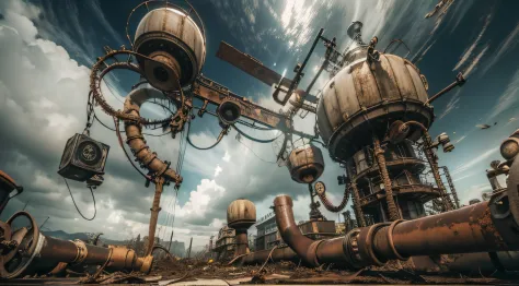 a heavily distorted, fading late morning heavily overcast sky, multiple warped objects comprised of contorted feathers/machinery/pipes/rusted components is floating in the air, extra detail, 4kHD details, best resolution, surrealistic composition, extreme ...