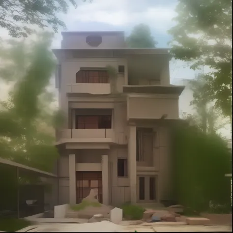 house under construction, brick and concrete wall, realistic builder, gradient,street, tree best quality, construction workers are working on a house under construction